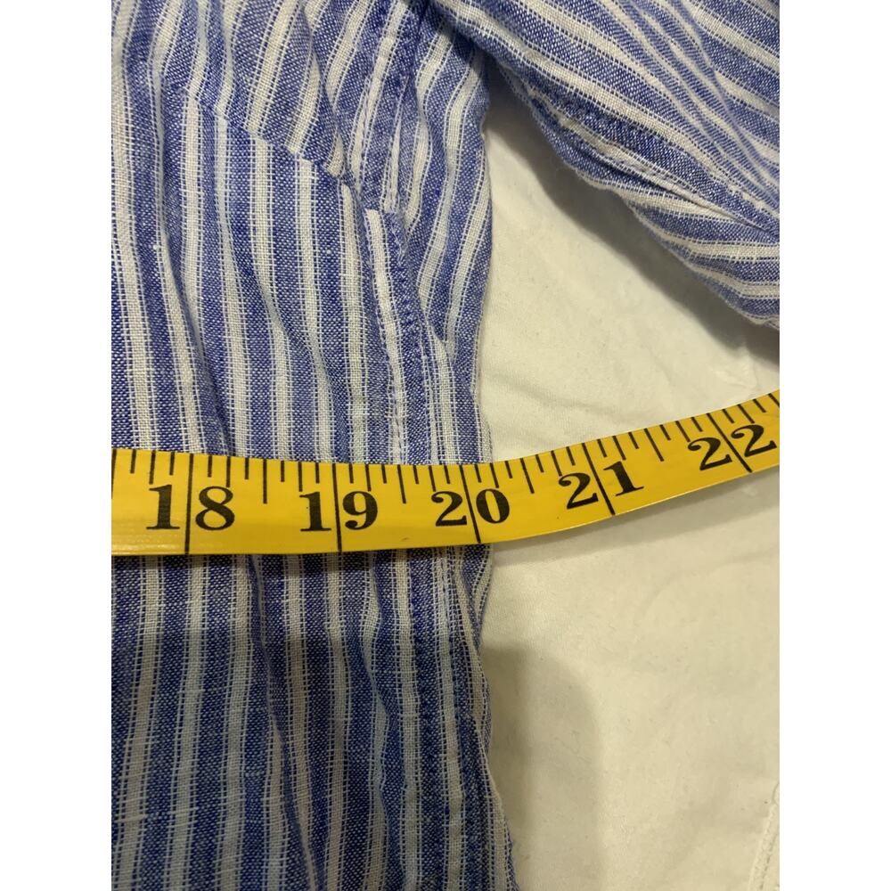 Talbots Linen Top Large Petite Blue Striped Nautical Roll Tab Sleeve Resort - Picture 5 of 10